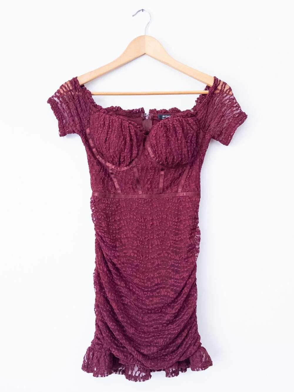 Privy Burgundy Lace Mini Dress Off Shoulder Sweetheart Bust Y2K Coquette S